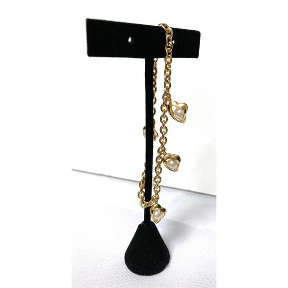 Vtg Faux Pearl Enclosed Hearts Gold Tone Bracelet 8 1/8" Long Spring Ring Clasp - Picture 6 of 9